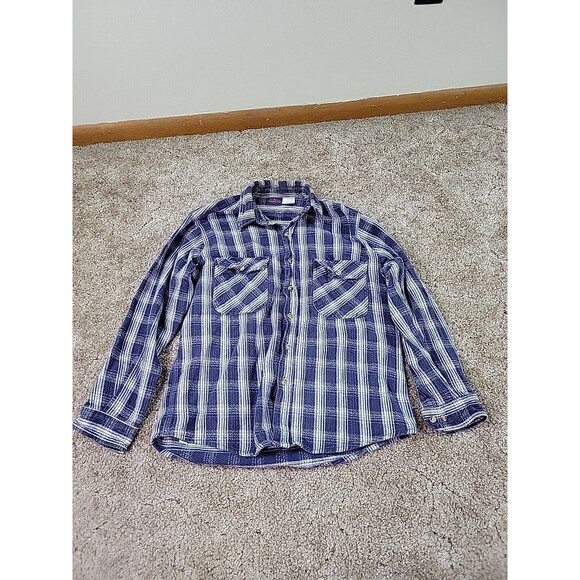 Vintage Dakota Flannel Mens Size L  Shirt Blue White‎ Plaid Long Sleeve - Picture 1 of 10